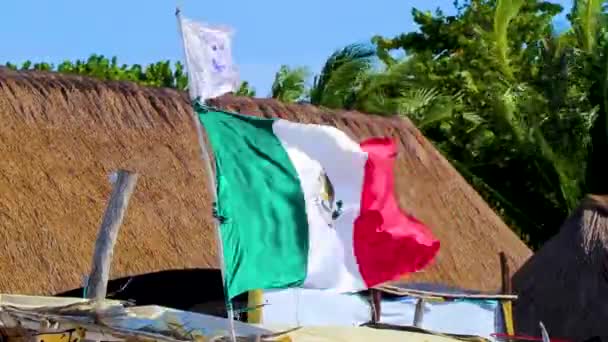 Holbox Mexico 2021年12月 墨西哥金塔纳罗奥岛美丽的霍尔伯克岛上挂着墨西哥绿白的红旗 蓝天和棕榈树环抱着蓝天 — 图库视频影像