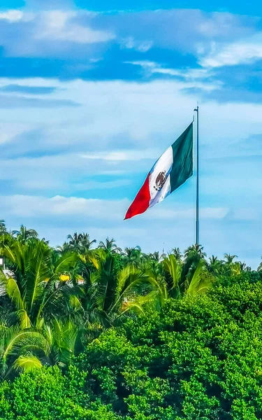 Meksika Yeşil Kırmızı Bayrağı Palmiye Ağaçları Mavi Gökyüzü Zicatela Puerto — Stok fotoğraf