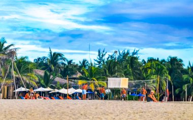 Palmiye ağaçları, şemsiyeler ve güneş şemsiyeleri Zicatela Puerto Escondido Oaxaca Meksika 'daki tropik Meksika plajındaki sahil tatil beldesi otelinde..