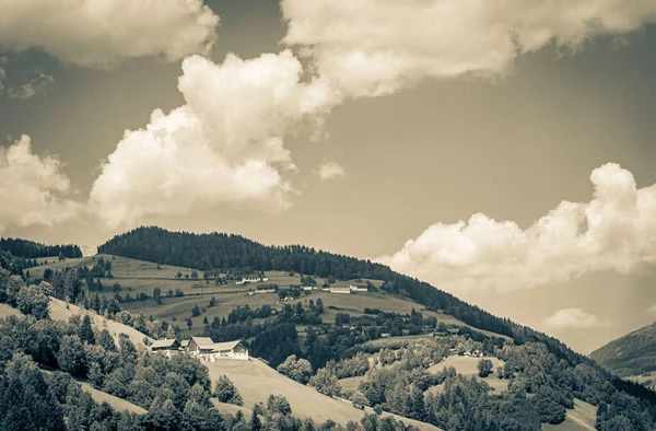 Preto Branco Velho Quadro Maravilhosa Montanha Arborizada Panorama Alpino Com — Fotografia de Stock