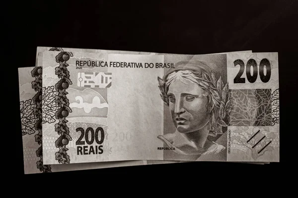 Старое Черно Белое Изображение Богаться Деньгами Бразилии 200 Бразильских Банкнот — стоковое фото