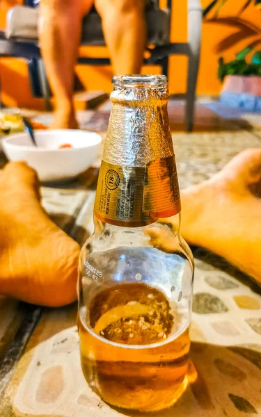 Modelo Botella Cerveza Bebiendo Suelo Playa Del Carmen Quintana Roo —  Fotos de Stock