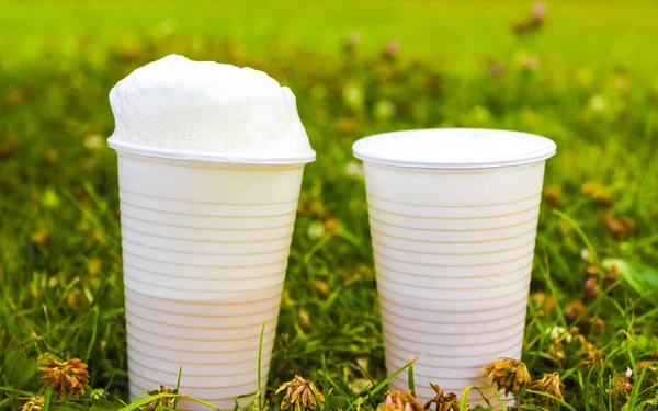 White plastic cups with beer and foam crown on grass in Speckenbuetteler Park Lehe Bremerhaven Bremen Germany.