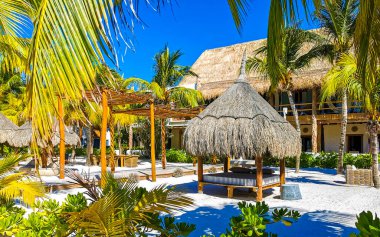 Quintana Roo Mexico 'daki güzel Holbox adasında tropikal doğa manzaralı tatil köyleri..