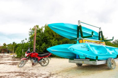 Quintana Roo Mexico 'daki Holbox Adası' ndaki sahilde su aktiviteleri için kano ve tekneler..