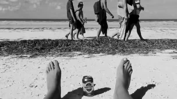 Holbox Quintana Roo墨西哥2021年12月在墨西哥金塔纳罗奥岛上天堂岛上的海滩上喝一罐冰啤酒 — 图库视频影像