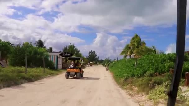 ゴルフカートバギーに乗る村の自然とキンタナ メキシコのアイラ ホルボックス島のビーチで — ストック動画