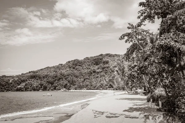 Black and white picture of The big tropical island Ilha Grande Praia de Palmas beach in Angra dos Reis Rio de Janeiro Brazil.