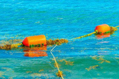 Güzel mavi ve turkuaz su dalgaları okyanus ve sarı turuncu şamandıra ve ipler Quintana Roo Mexico 'daki Playa del Carmen' in sularında..
