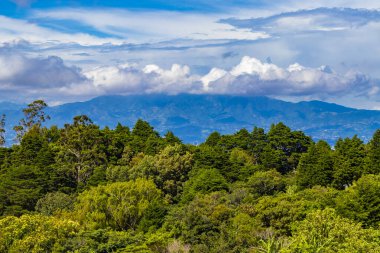 Orman ağaçları, bulutlar ve Orta Amerika 'da San Jose ve Heredia Kosta Rika' nın doğası olan güzel dağ manzarası ve şehir manzarası..