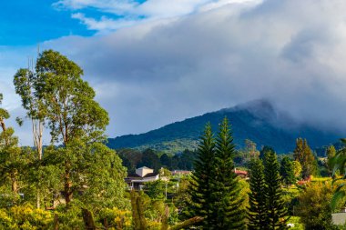 Orman ağaçları, bulutlar ve Orta Amerika 'da San Jose ve Heredia Kosta Rika' nın doğası olan güzel dağ manzarası ve şehir manzarası..