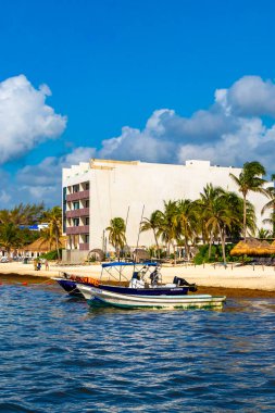 Playa del Carmen Mexico 'da berrak turkuaz mavi suyu olan tropik Meksika sahili manzarası..