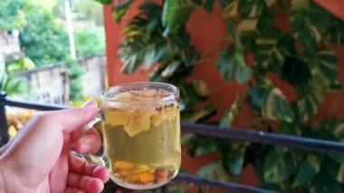 Glass or cup pot with hot ginger tea on a wooden table in Mexico.