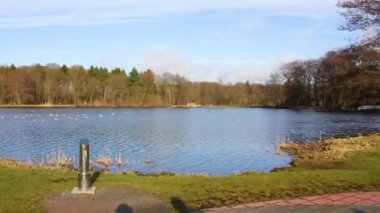 Natural beautiful panorama view with lake river fountain walking pathway and green plants trees in the forest of Speckenbtteler Park in Lehe Bremerhaven Germany.
