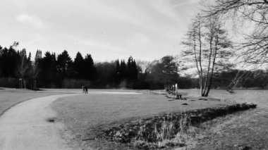 Natural beautiful panorama view with lake river fountain walking pathway and green plants trees in the forest of Speckenbtteler Park in Lehe Bremerhaven Germany.