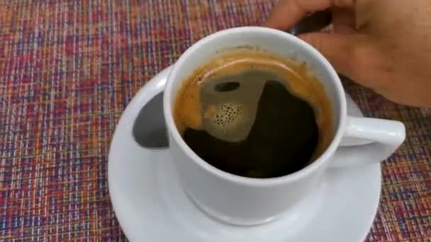 Glass Cup Americano Black Coffee Spoon Plate Table Food Drink — Videoclip de stoc