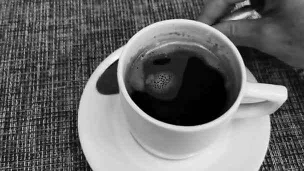 Glass Cup Americano Black Coffee Spoon Plate Table Food Drink — Vídeo de Stock