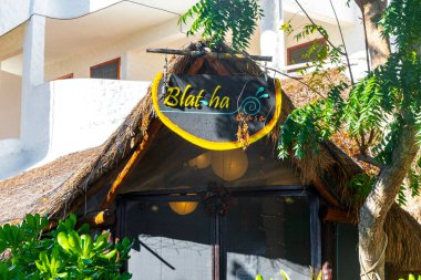 Tropical hotel and resort Blat Ha Blat-ha with palm trees and bamboo on Isla Holbox island in Quintana Roo Mexico.