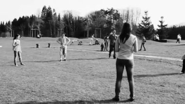 Lehe Bremerhaven Germany 02. April 2011 Teenagers play volleyball in park on grass in Speckenbtteler Park Lehe Bremerhaven Bremen Germany.