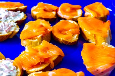 Small snacks finger food with salmon cheese salami ham tomato and herbs for celebration in Schierholz Lehe Bremerhaven Bremen Germany.