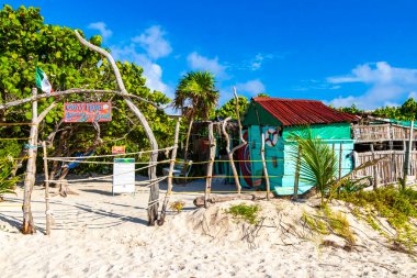 Playa del Carmen Mexico 'da palmiye ağacı ve kulübesi olan tropik doğal Meksika sahili Panorama Playa 88.