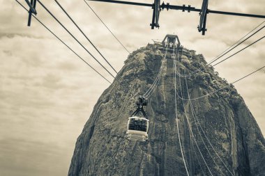 Sugarloaf sugar loaf mountain Pao de Aucar with cable car panorama view in the Urca village in Rio de Janeiro Brazil.