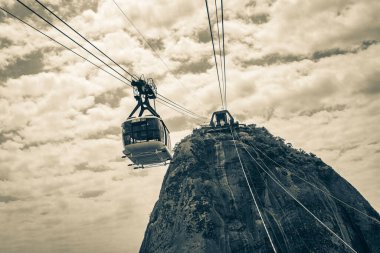 Sugarloaf sugar loaf mountain Pao de Aucar with cable car panorama view in the Urca village in Rio de Janeiro Brazil.