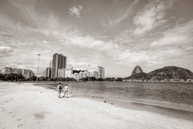 Botafogo Beach Brazil 12. October 2020 Sugarloaf sugar loaf mountain Pao de Aucar panorama view and cityscape of the Urca village from Botafogo Beach in Rio de Janeiro Brazil.
