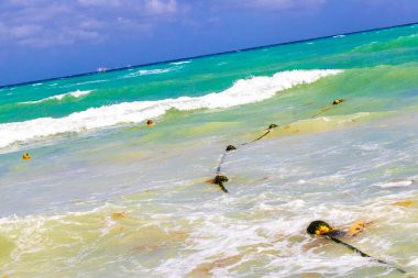 Güzel mavi ve turkuaz Karayip su dalgaları okyanus ve sarı turuncu şamandıra ve ipler Quintana Roo Mexico 'da Playa del Carmen' in sularında.