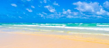 Tropical caribbean beach landscape panorama with clear turquoise blue water in Playa del Carmen Mexico.