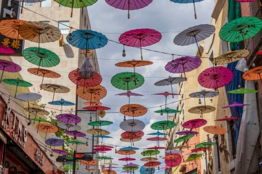 Colorful umbrellas over mexican China town in Mexico City Mexico.