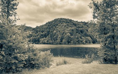 Plitvice Lakes Ulusal Parkı Hırvatistan 'da turkuaz mavi ve yeşil sularla renklendirilmiş manzara.