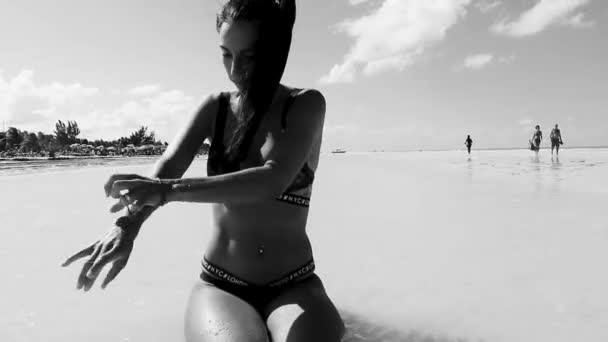 Sexy Young Woman Bathing Beach Sandbar Water Isla Holbox Island — Stockvideo