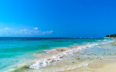 Tropical caribbean beach landscape panorama with clear turquoise blue water in Playa del Carmen Mexico.