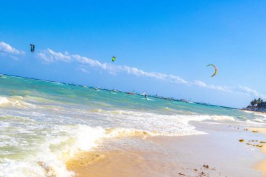 Playa del Carmen Mexico 04. April 2021 Water sport like kitesurfing kiteboarding wakeboarding on tropical mexican beach in Playa del Carmen Quintana Roo Mexico.