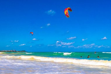 Playa del Carmen Mexico 04. April 2021 Water sport like kitesurfing kiteboarding wakeboarding on tropical mexican beach in Playa del Carmen Quintana Roo Mexico.