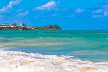 Tropical caribbean beach landscape panorama with clear turquoise blue water in Playa del Carmen Mexico.
