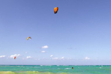 Playa del Carmen Mexico 04. April 2021 Water sport like kitesurfing kiteboarding wakeboarding on tropical mexican beach in Playa del Carmen Quintana Roo Mexico.