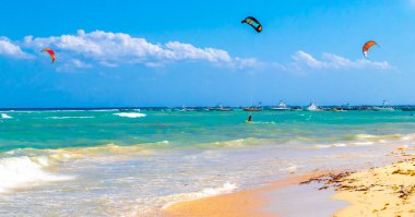 Playa del Carmen Mexico 04. April 2021 Water sport like kitesurfing kiteboarding wakeboarding on tropical mexican beach in Playa del Carmen Quintana Roo Mexico.
