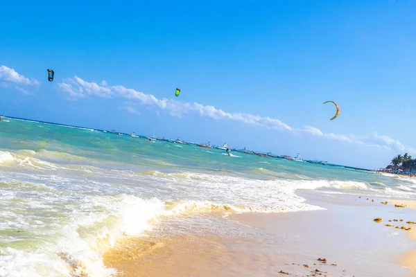 Playa del Carmen Mexico 04. April 2021 Water sport like kitesurfing kiteboarding wakeboarding on tropical mexican beach in Playa del Carmen Quintana Roo Mexico.