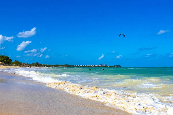 Tropical caribbean beach landscape panorama with clear turquoise blue water in Playa del Carmen Mexico.