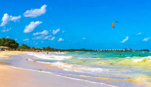 Tropical caribbean beach landscape panorama with clear turquoise blue water in Playa del Carmen Mexico.