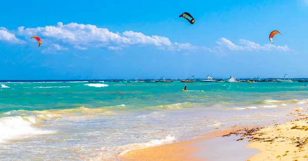 Playa del Carmen Mexico 04. April 2021 Water sport like kitesurfing kiteboarding wakeboarding on tropical mexican beach in Playa del Carmen Quintana Roo Mexico.