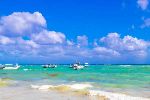 Boat yacht ship ferry jetty pier and harbor at the tropical mexican caribbean beach panorama view in Playa del Carmen Quintana Roo Mexico.