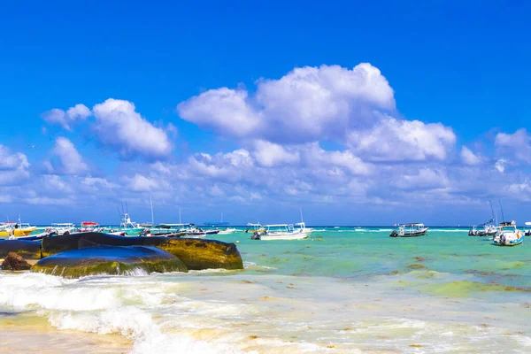 Boat yacht ship ferry jetty pier and harbor at the tropical mexican caribbean beach panorama view in Playa del Carmen Quintana Roo Mexico.