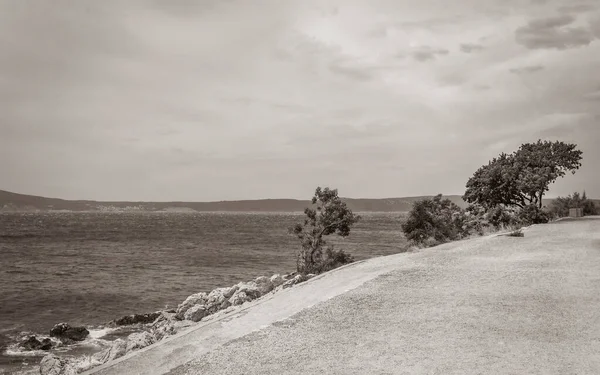 Novi Vinodolski Hırvatistan 'da muhteşem turkuaz ve kayalık plaj ve gezinti güvertesi.