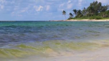 Tropical caribbean beach landscape panorama with clear turquoise blue water in Playa del Carmen Mexico.