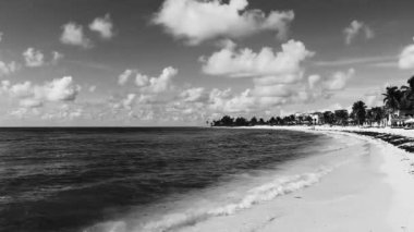 Black and white Videos of tropical caribbean beach landscape panorama with clear green turquoise blue water in Playa del Carmen Mexico.