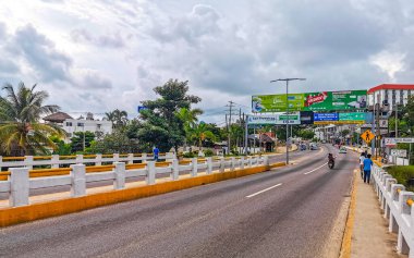 Puerto Escondido Oaxaca Mexico 2022 Busy road street driving cars traffic jam and places in Zicatela Puerto Escondido Oaxaca Mexico.