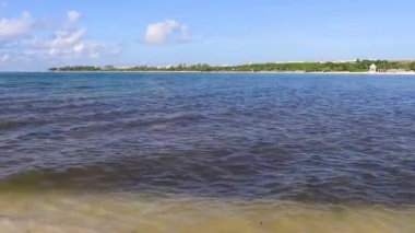 Tropical caribbean beach landscape panorama with clear turquoise blue water in Playa del Carmen Mexico.